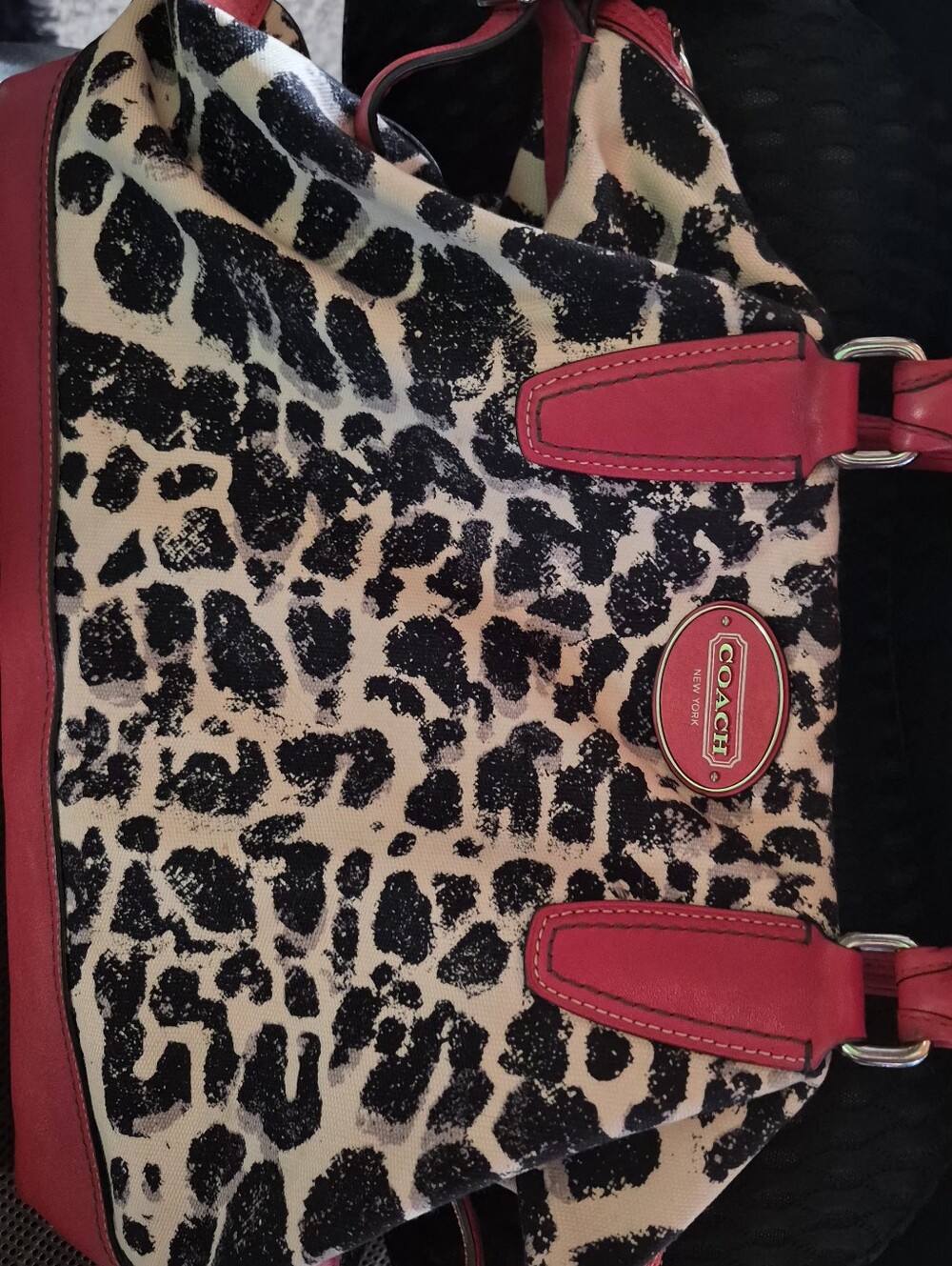 COACH Leopard Print Shoulder Bag with Red Leather Trim & Crossbody Strap.